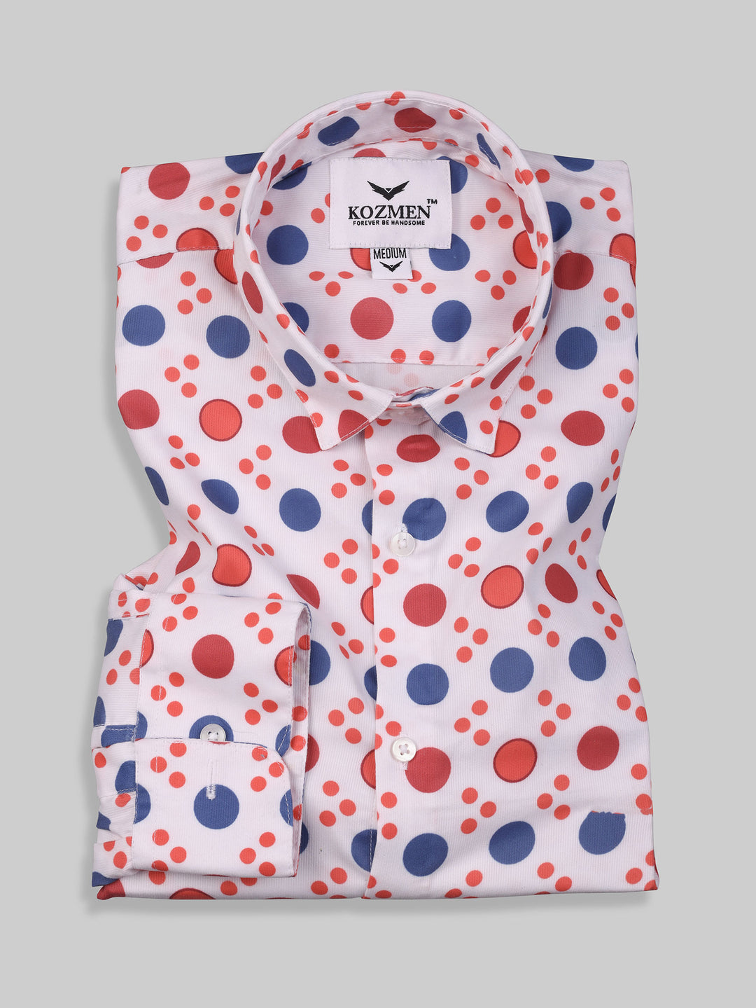 White Polka Dot Shirt with Red, Orange, and Blue Accents Shirt for men