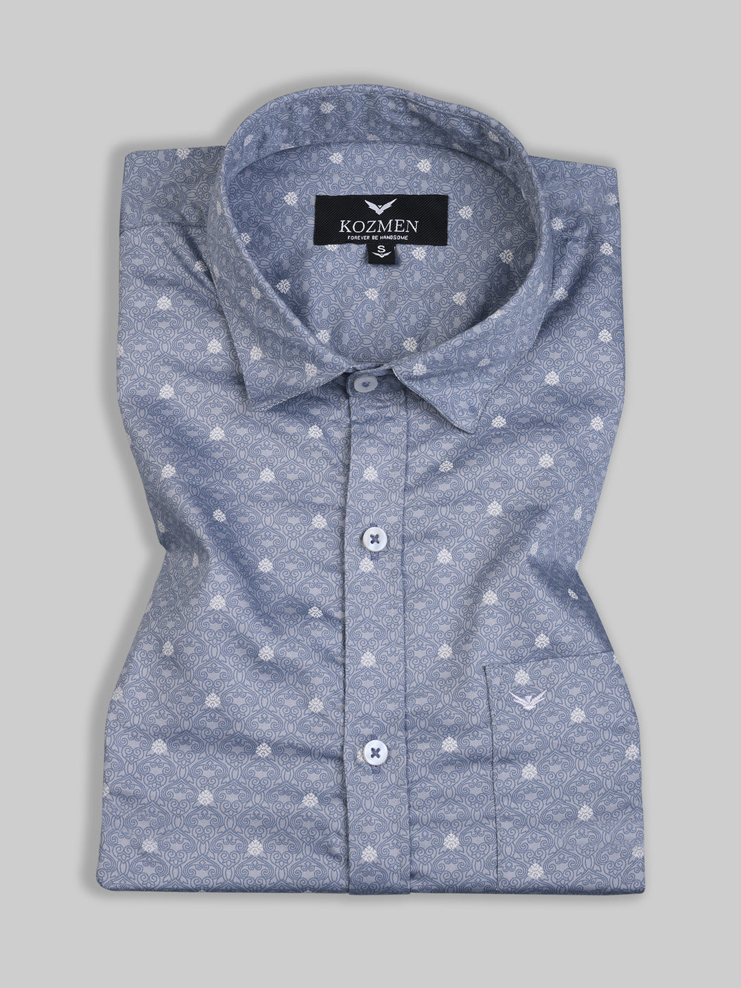 Damask Print Light Blue & Gray Cotton Shirt