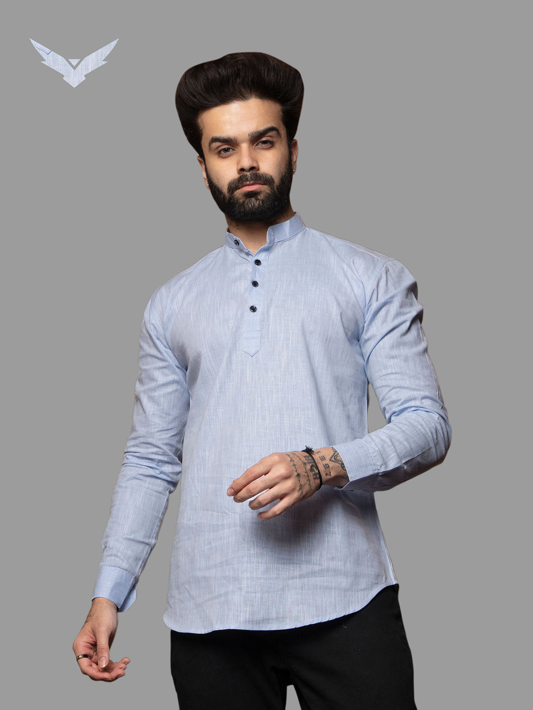  Blue Cotton Linen Mandarin Collar Kurta Shirt for men