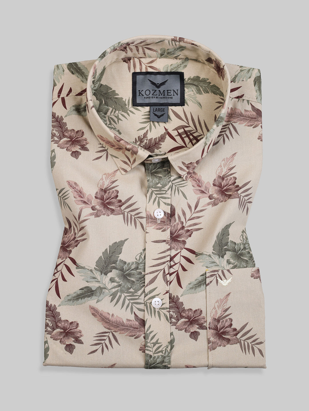 Leafy Print Cream & Green Cotton Causal shirt for men