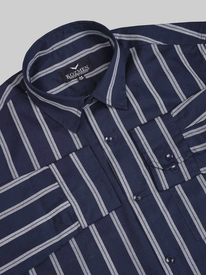 Navy Blue Color Pin and Candy Striped 2/1 Twill Cotton Shirt