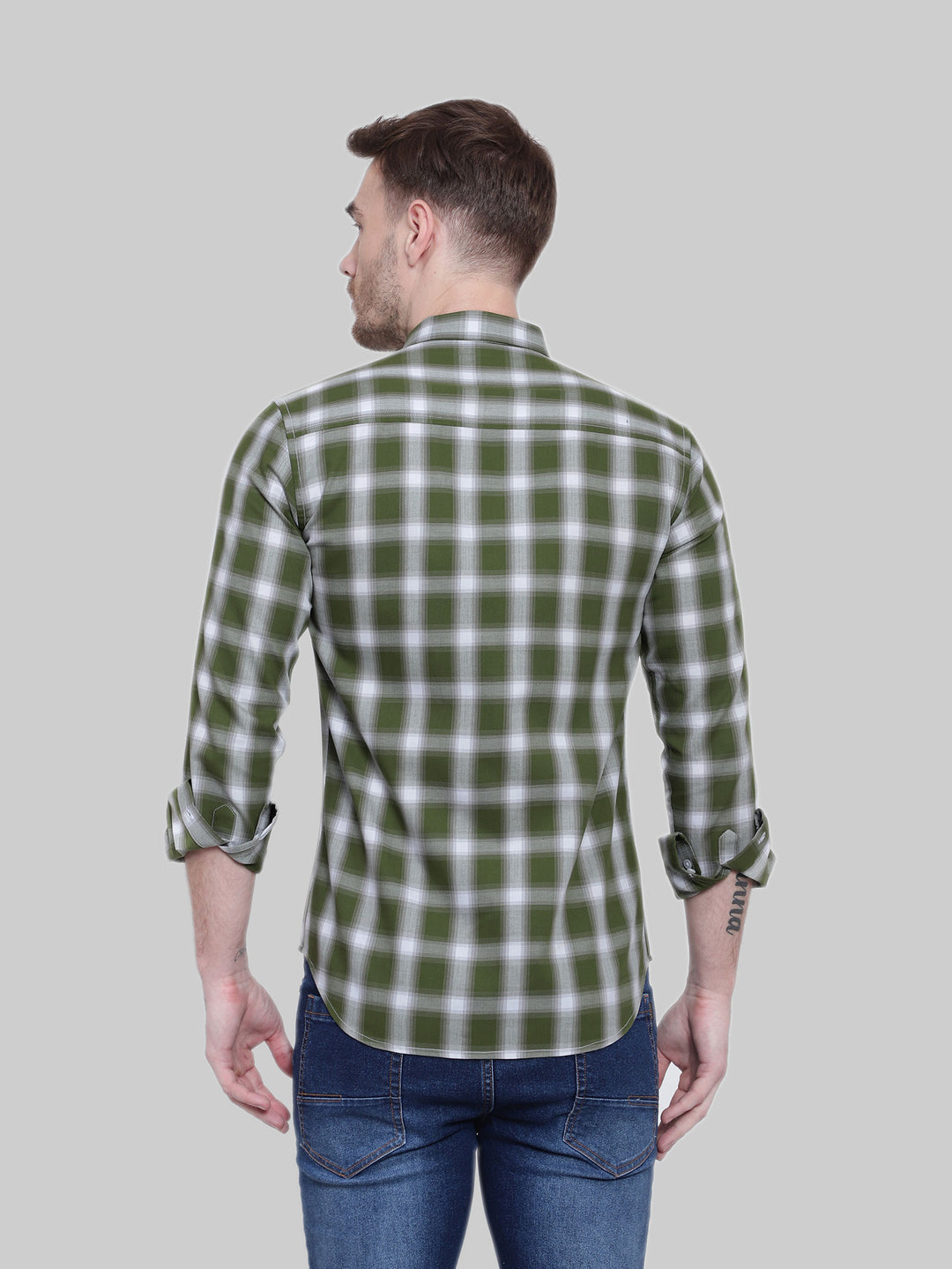Olive Gingham Checkered Full Sleeve Cotton Shirt