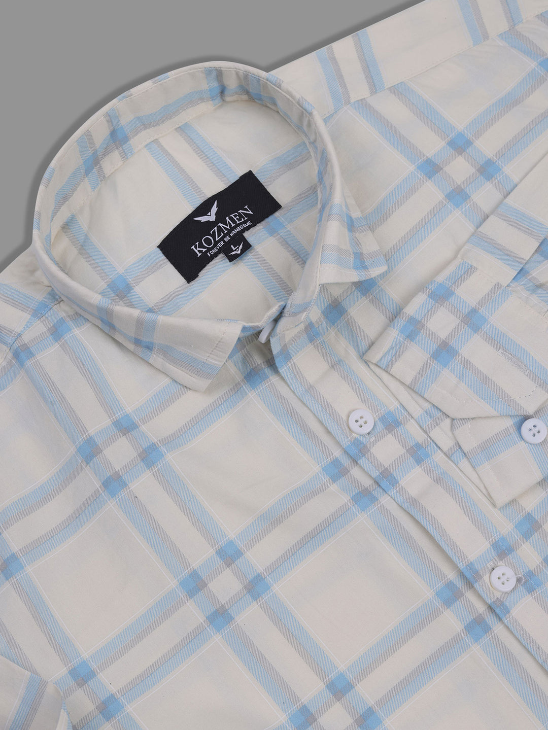 Cream Color Blue Checkered Cotton Casual Shirt