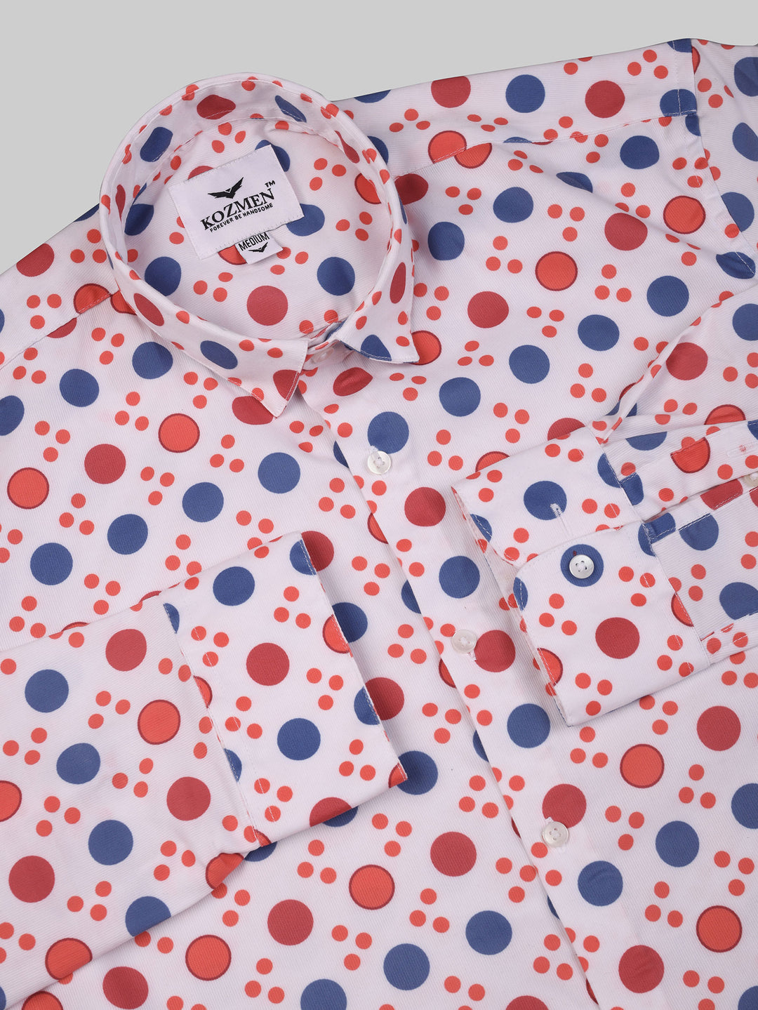 White Polka Dot Shirt with Red, Orange, and Blue Accents Cotton Shirt for men