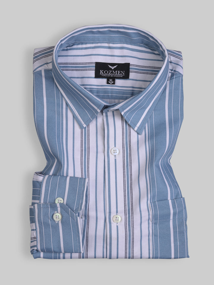 Sky Blue Color Balanced Striped Oxford Print Cotton Shirt