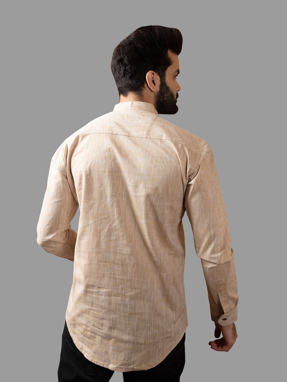 Beige Cotton Linen Mandarin Collar Kurta Shirt