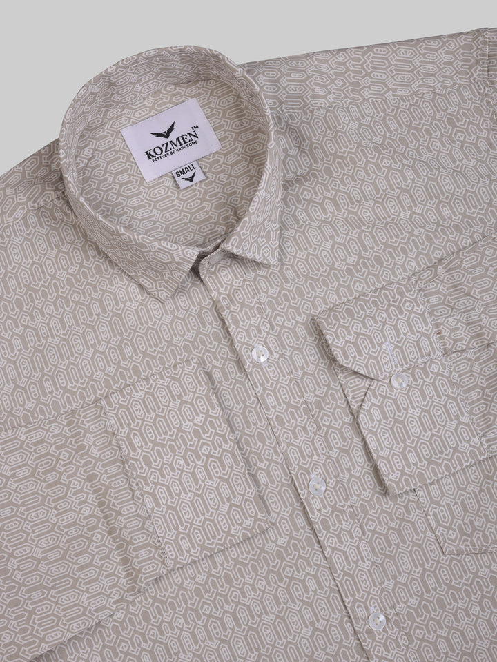 Beige Geometric Printed Luxurious Oxford Cotton Full Sleeve Shirt