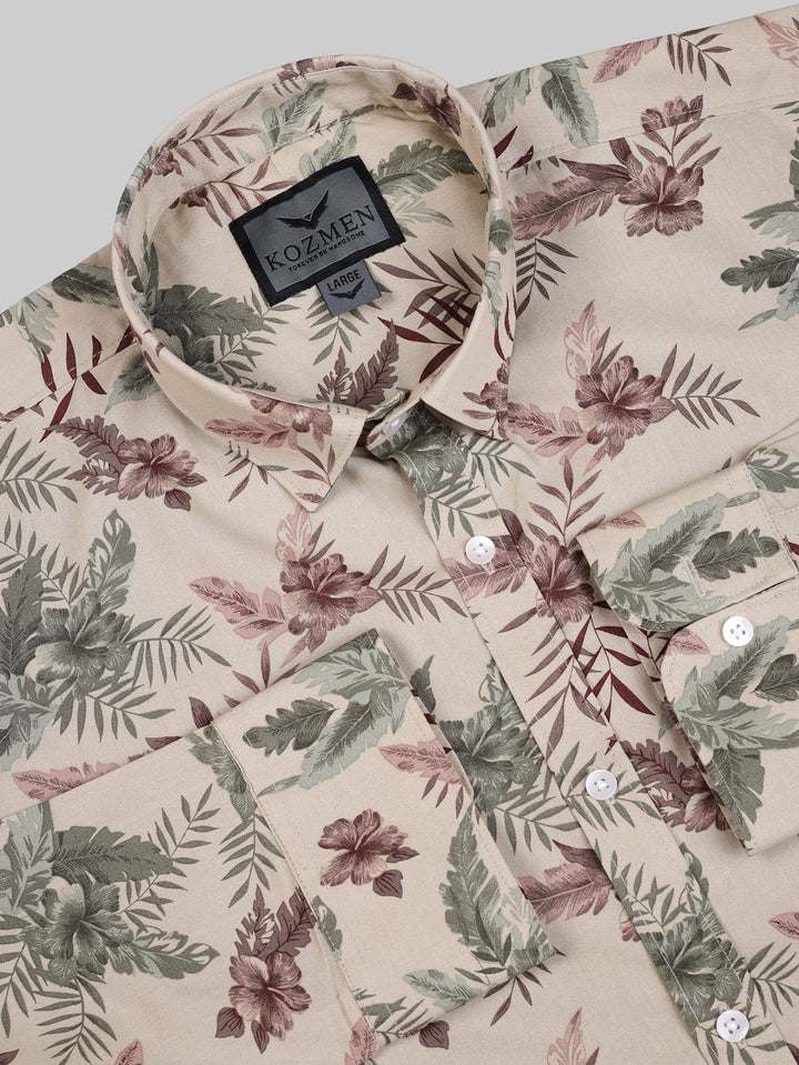 Leafy Print Cream & Green Cotton Causal shirt for men