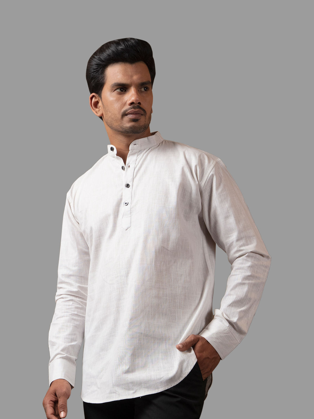 White Cotton Linen Mandarin Collar Kurta Shirt