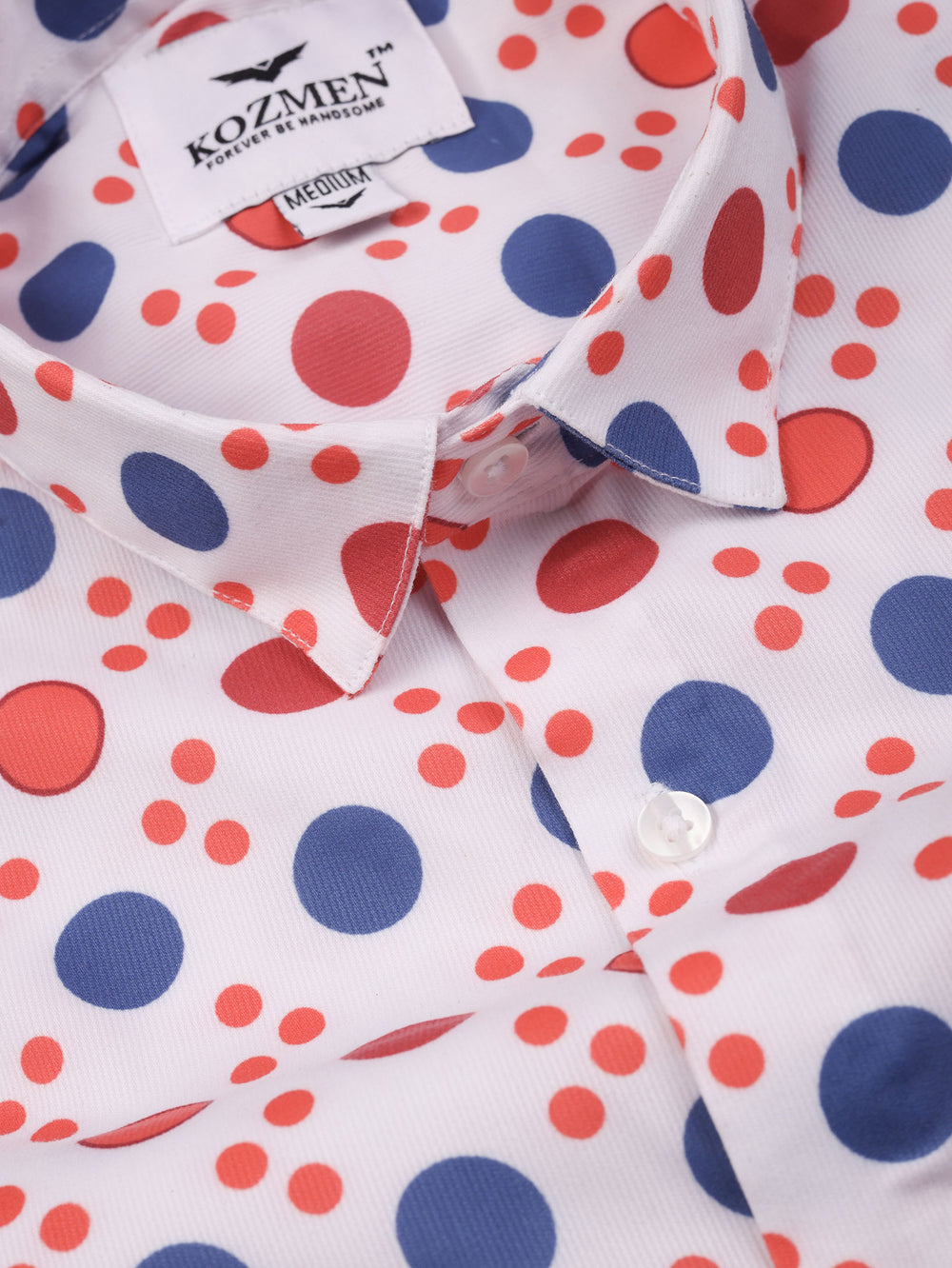 White Polka Dot Shirt with Red, Orange, and Blue Accents Regular Fit Shirt for men