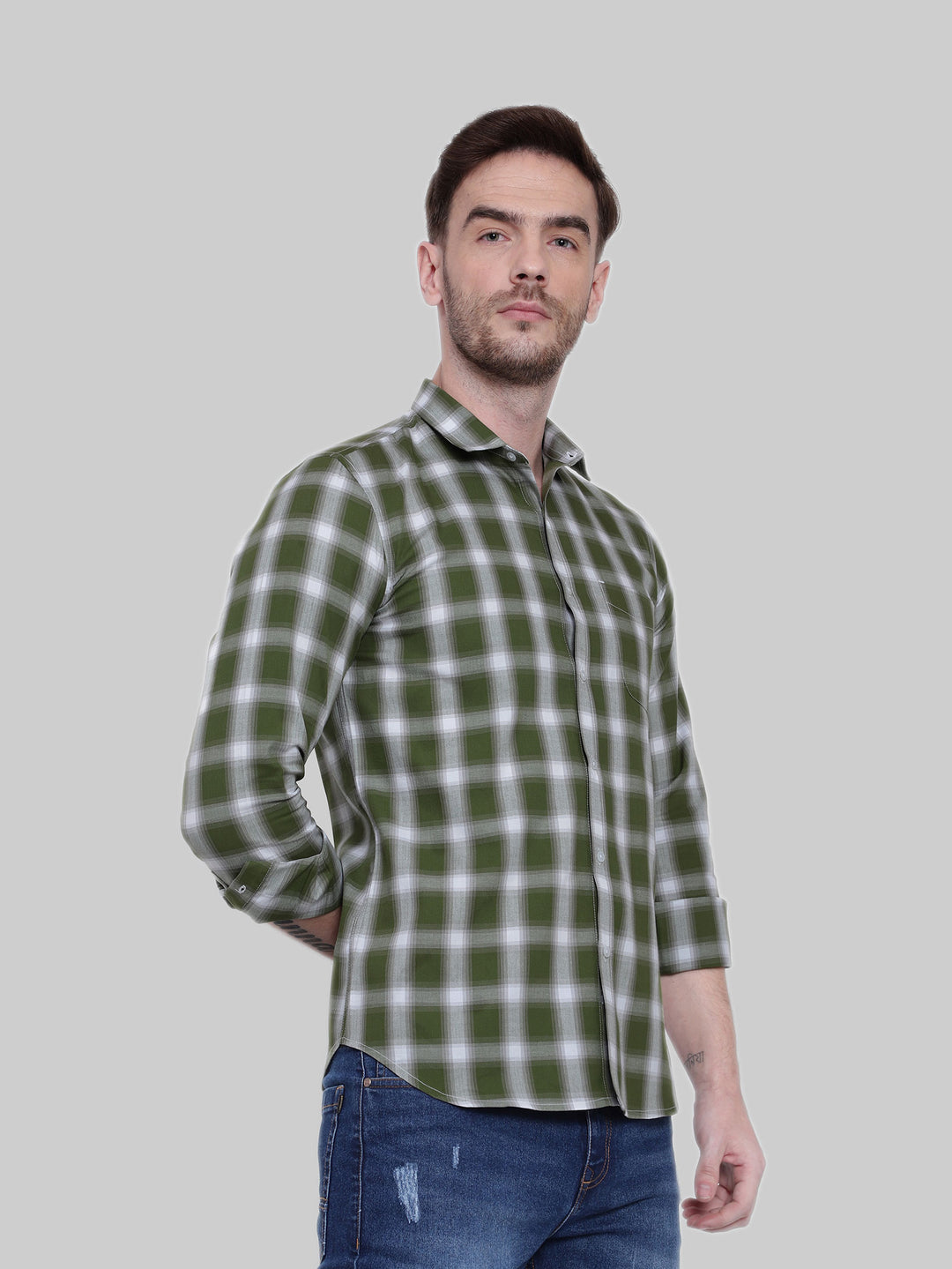 Olive Gingham Checkered Full Sleeve Cotton Shirt