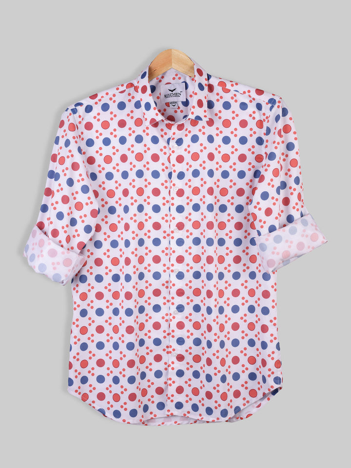 White Polka Dot Shirt with Red, Orange, and Blue Accents Casual Shirt for men