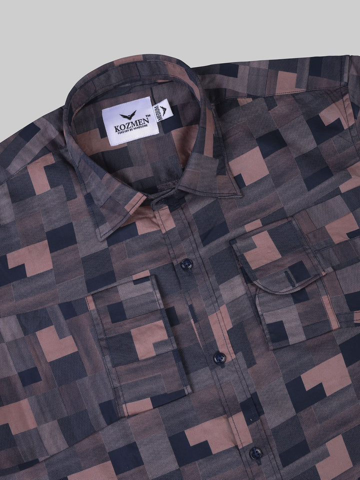 Dark Peach and Shadow Black Geometric Casual Printed Shirt For Men.