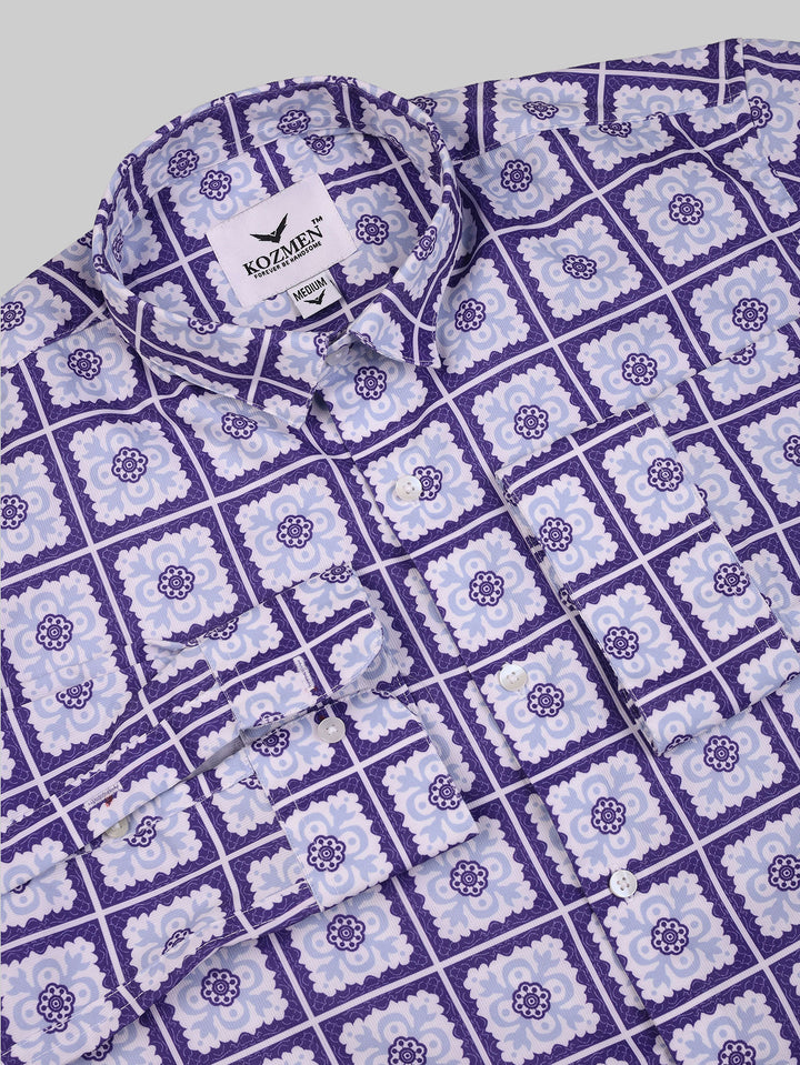Purple & White Floral Print Partywear Shirt
