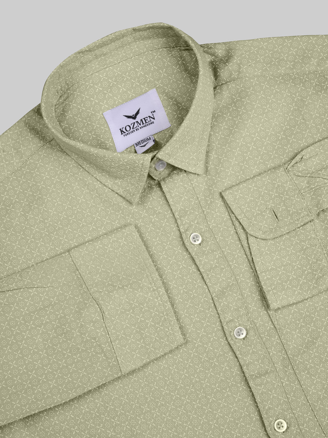 Tea Green with White Micro Dot Print Cotton Shirt