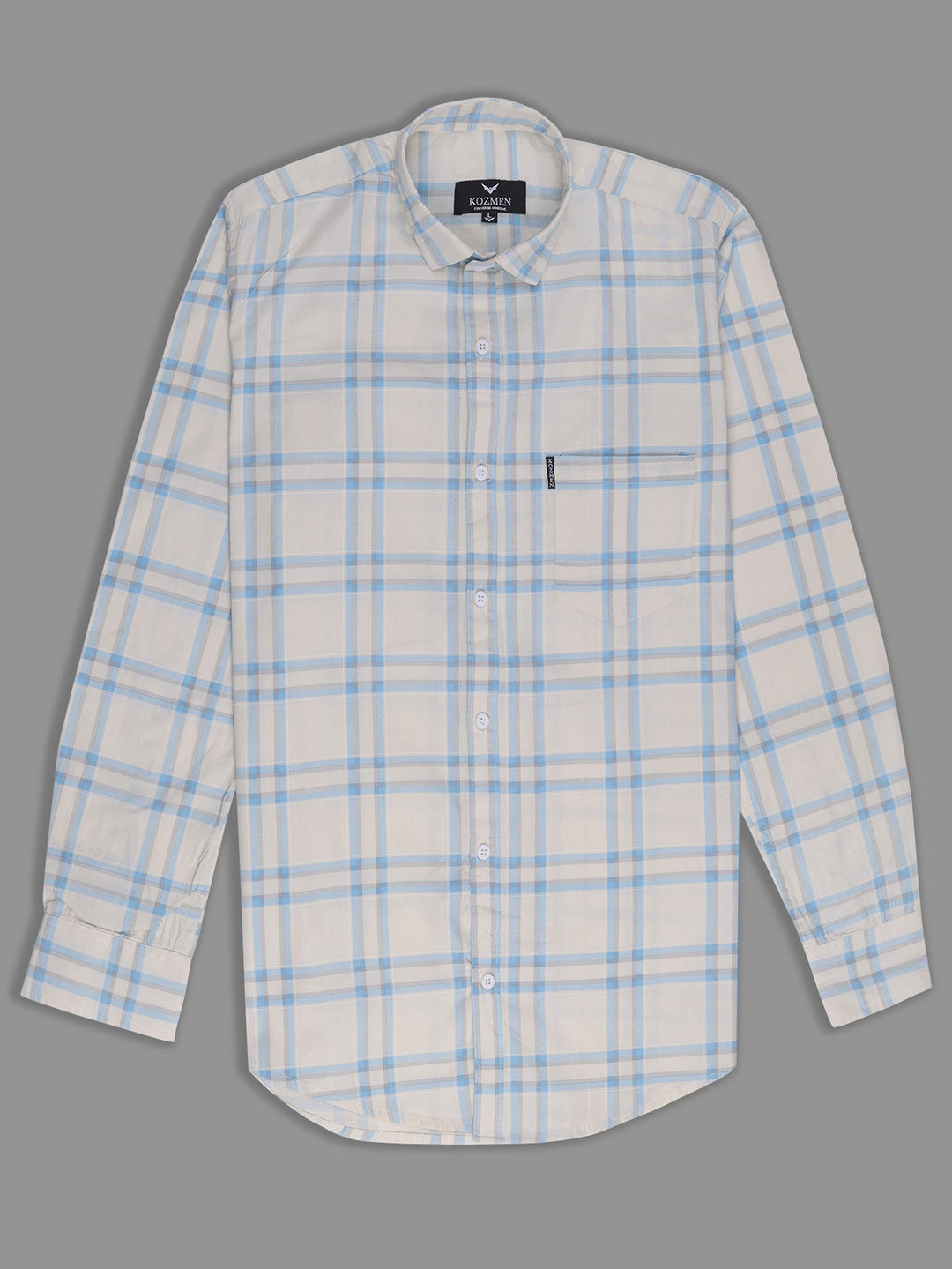 Cream Color Blue Checkered Cotton Casual Shirt