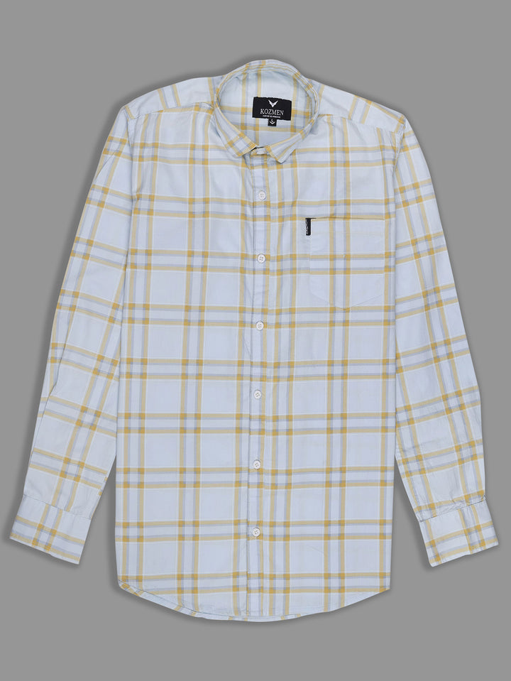Sky Blue Color Yellow Checkered Cotton Casual Shirt