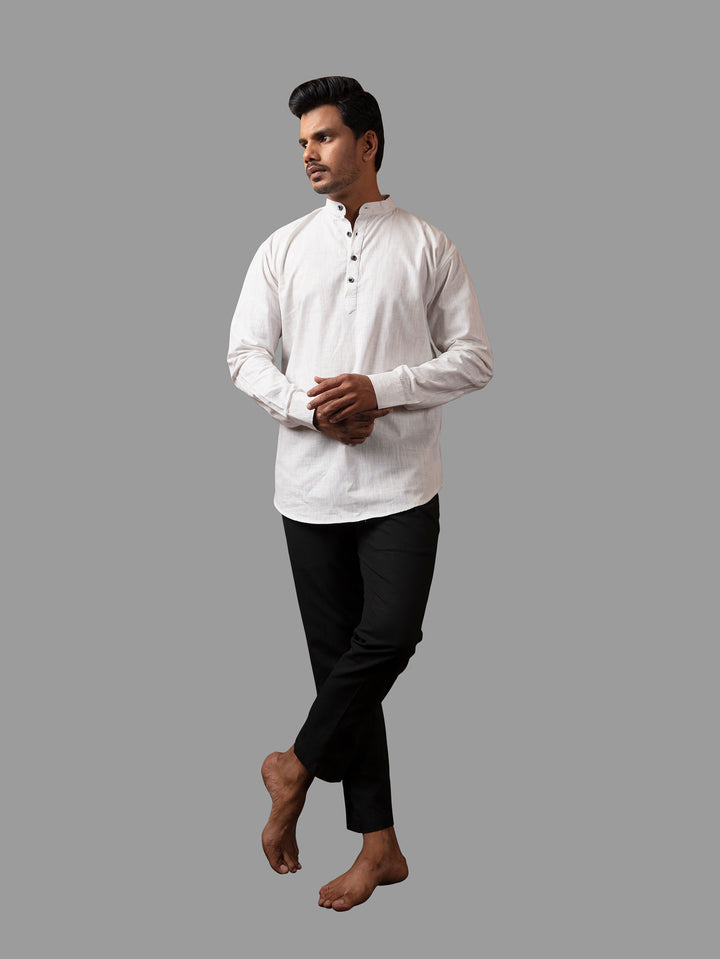 White Cotton Linen Mandarin Collar Kurta Shirt