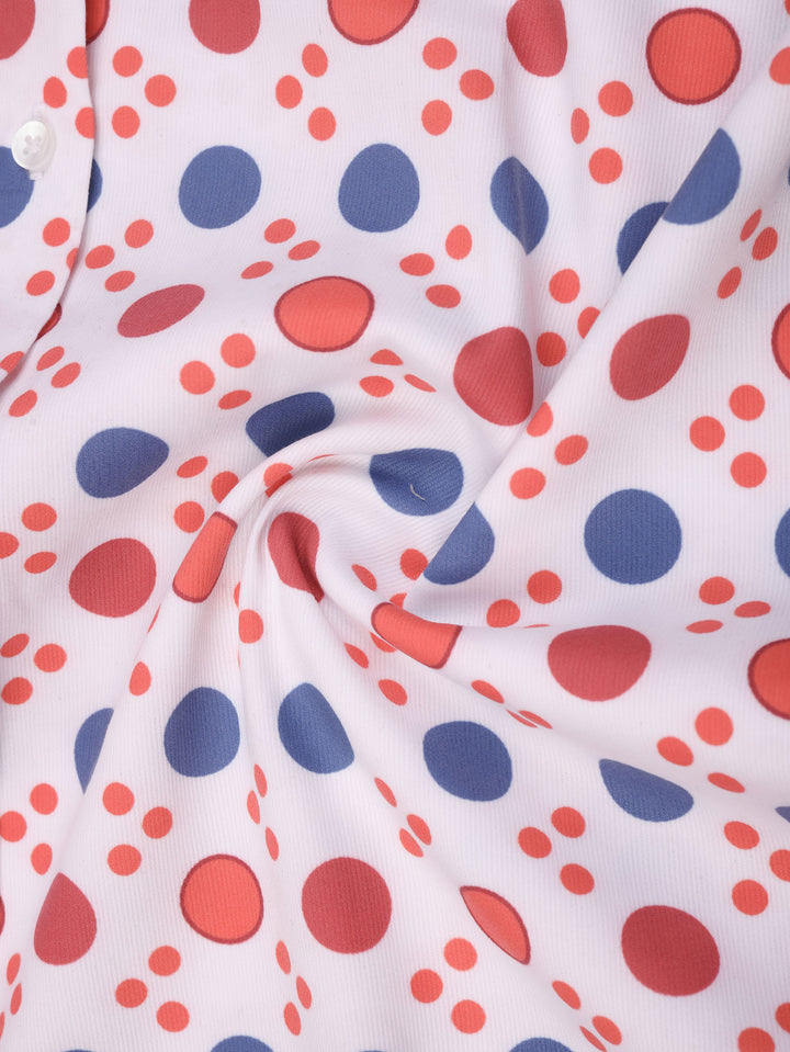 White Polka Dot Shirt with Red, Orange, and Blue Accents Shirt for men