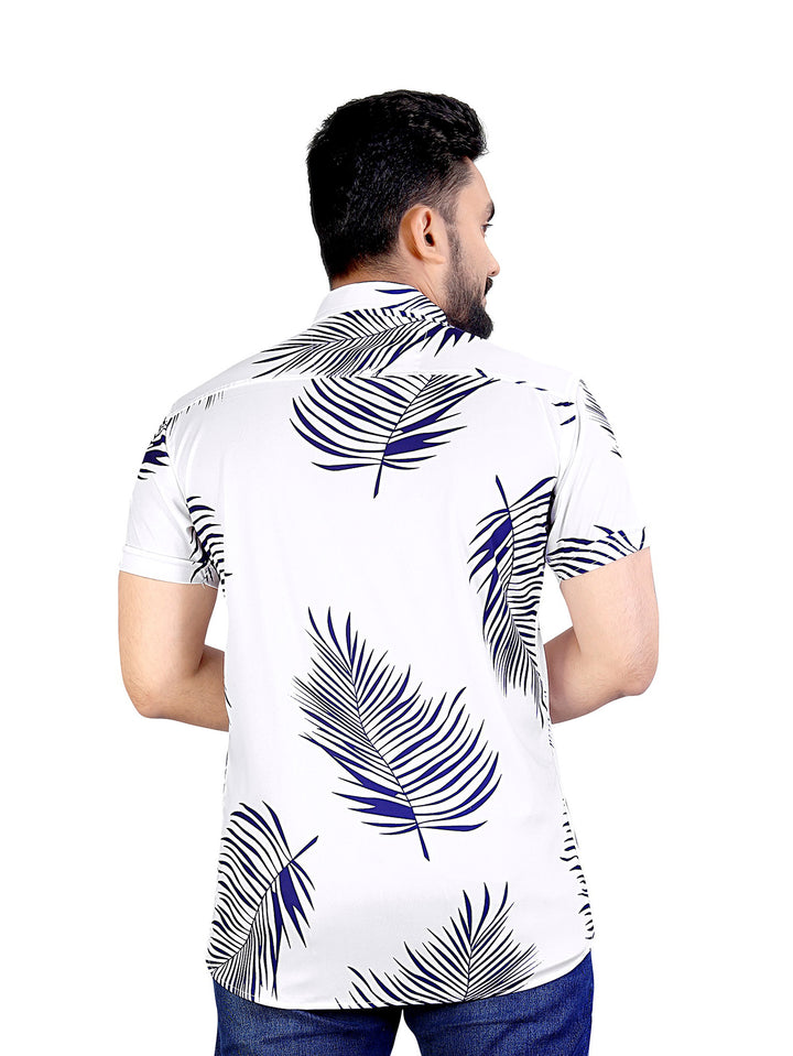 White Palm Leaf Printed Half Sleeve Shirt