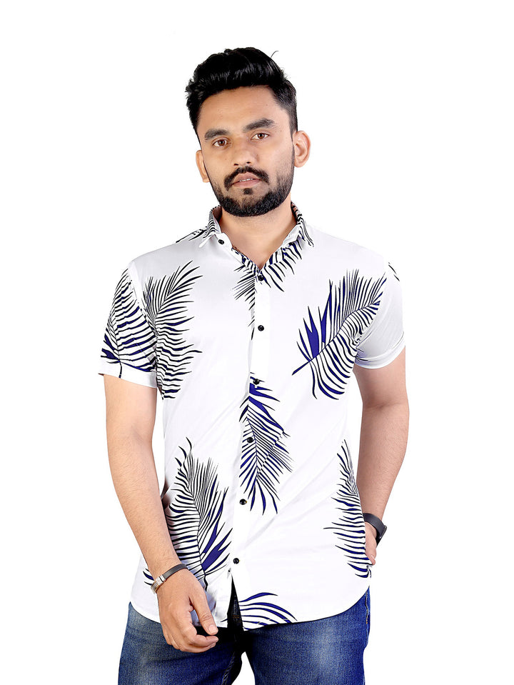 White Palm Leaf Printed Half Sleeve Shirt